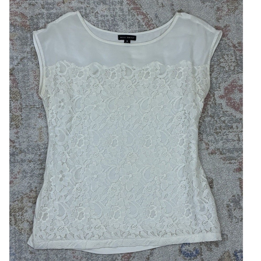 Willi Smith White Lace Sheer Panel Sleeveless Blouse Top Medium Boho Romantic